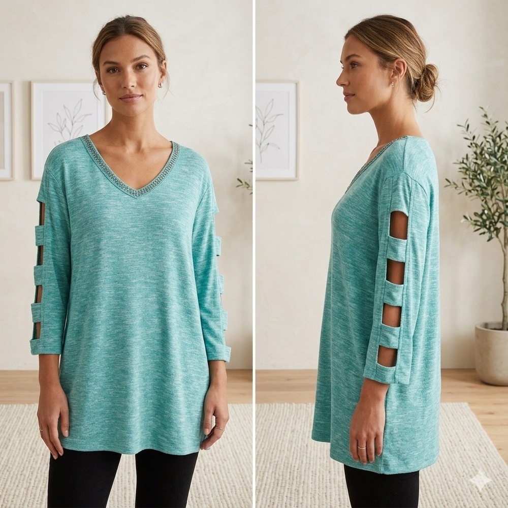 Terra & Sky Womens 3X Tunic Top Turquoise Green Space Dye Rhinestone V-Neck